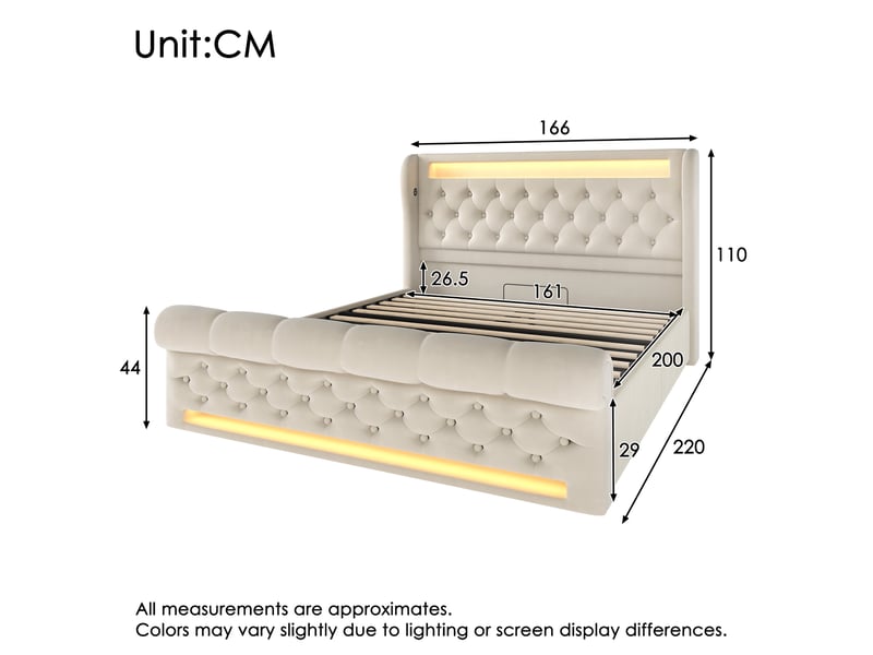 Lit coffre 160x200 cm velours beige avec tête de lit led, ports usb-c, rangements intégrés et matelas inclus - Conforama E