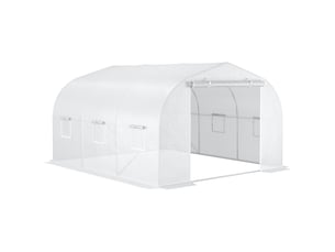 Serre de jardin serre tunnel de jardin dim. 3,5l x 3l x 2h m porte + 6 fenêtres enroulables acier galvanisé bâche pe haute densité blanc