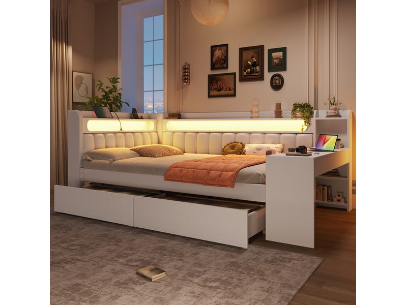  Lit pour jeune, 140x200 cm, espace nuit, led 7 couleurs et usb, bureau, 2 tiroirs, mdf et contreplaqué, coloris blanc  - Conforama D
