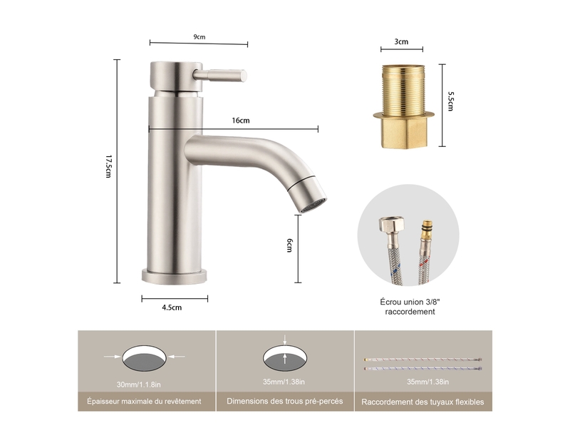  Mitigeur lavabo salle de bain moderne en acier inoxydable, cartouche céramique et aérateur neoperl - gris  - Conforama E