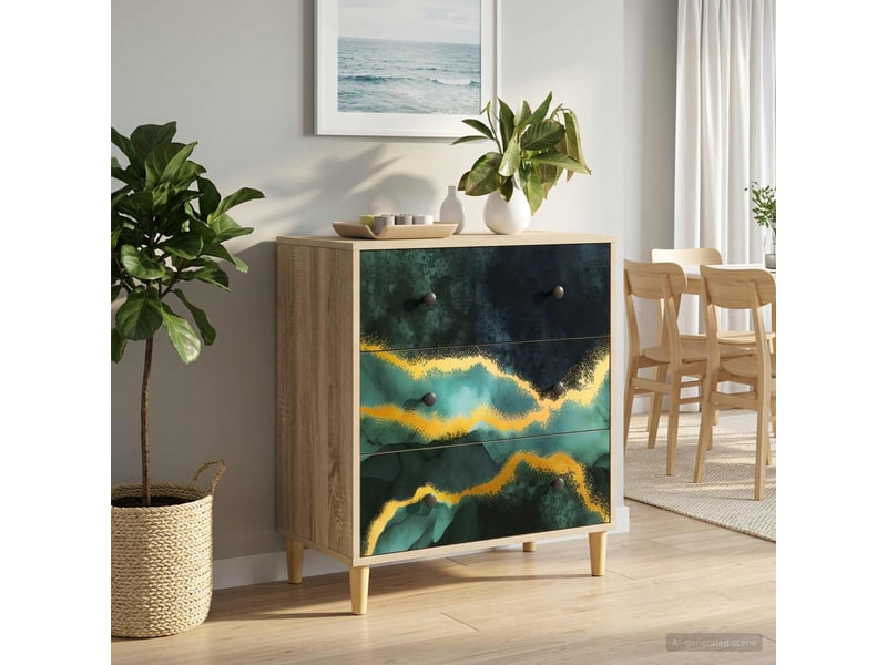  Commode chambre, meuble de rangement wijhe imprimé marbre teal 66 x 36,5 x 75 cm sonoma  - Conforama B