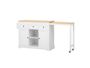 Îlot de cuisine meuble de cuisine à roulettes espace repas extensible étagère à épices tiroirs intégrés structure autoportante finition blanche