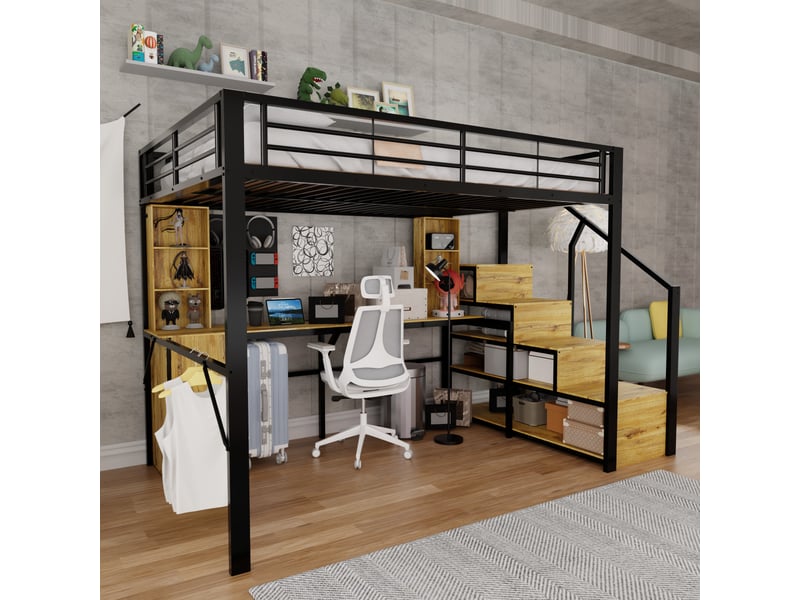  Lit mezzanine 140x200 cm bureau intégré escalier avec rangement garde-corps matelas non inclus métal et mdf noir OPULERANE TRADING LTD - Conforama C