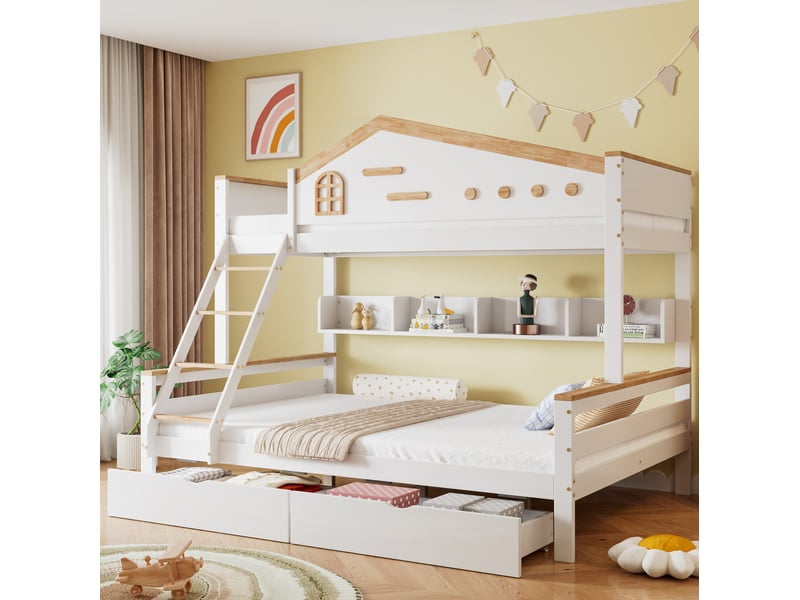  Lit superposé enfant 90x200 et 140x200 cm avec tiroirs, blanc et naturel  - Conforama D