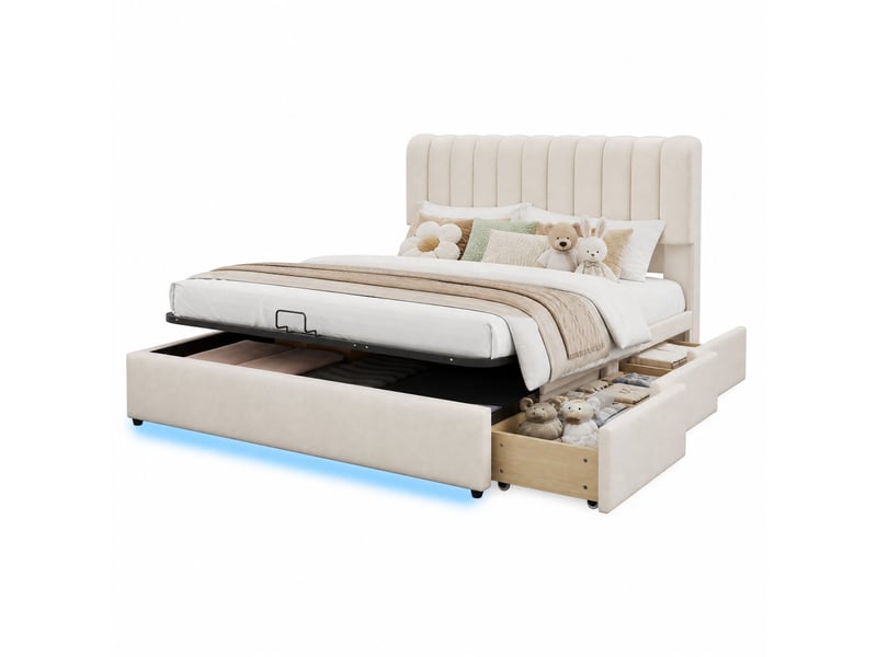  Lit enfant avec coffre, 140x200 cm, avec 3 tiroirs, led, grand espace de rangement, matelas non inclus, coloris beige  - Conforama A