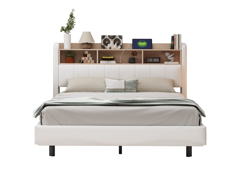  Lit double rembourré 160 x 200 cm effet flottant avec led, usbusb-c et rangement de tête de lit, tissu effet lin beige Fay Lum - Conforama A
