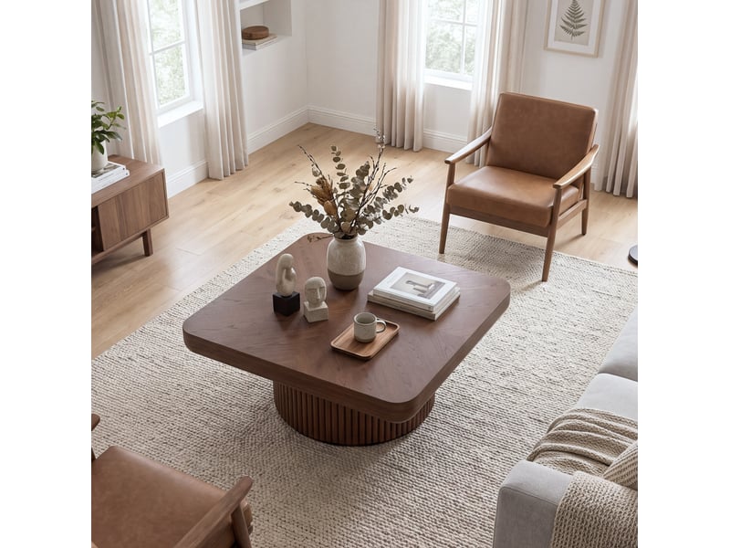  Table basse 78x78x38 cm coloris noyer avec piètement cylindrique cannelé  - Conforama E