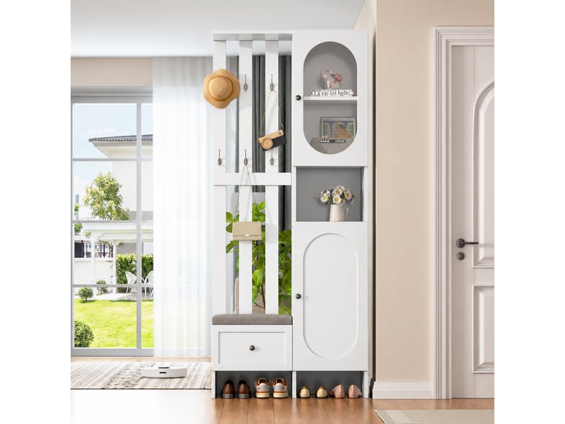  Vestiaire d'entrée avec banc à chaussures, 2 placards, 6 patères, 85 x 33,5 x 200 cm, blanc  - Conforama C