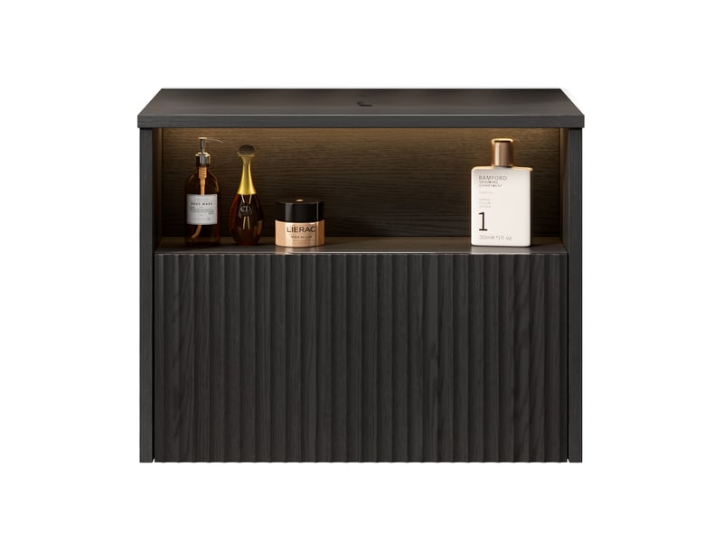  Meuble sous vasque mural avec 1 tiroir, façade en bois massif, sans vasque, pour salle de bain, en noir, 69×55×54 cm  - Conforama A