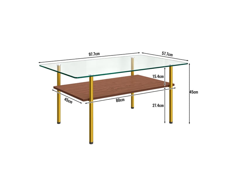  Table basse rectangulaire avec plateau en verre et étagère mdf pour salon, métal doré marron  - Conforama E