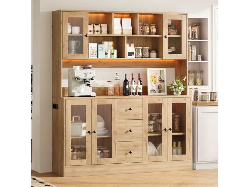 Colonne cuisine 150x40x173 cm, armoire haute avec led et prises, rangement avec 6 portes acrylique et 3 tiroirs, vitrine pour salon et salle à manger - Conforama E