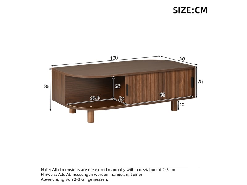  Table basse 100x50x35 cm avec 2 portes à rideau et rangements, table de salon aux angles arrondis avec pieds en bois, mdf, charge 30 kg, noyer OPULERANE TRADING LTD - Conforama C