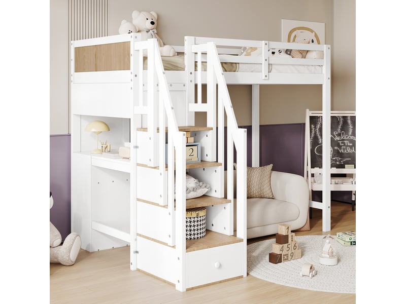  Modenvie lit mezzanine enfant 90x200 cm - bureau 3 tiroirs, rangement integre, sans matelas - blanc  - Conforama D