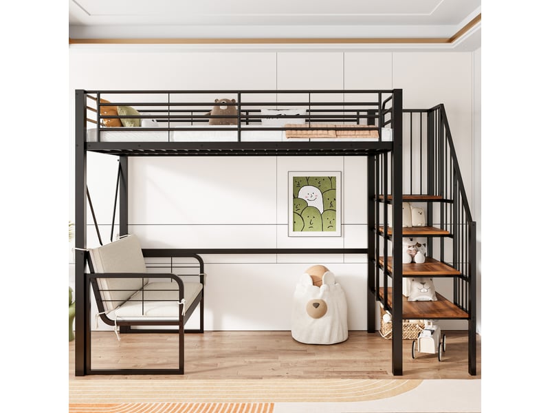Lit mezzanine avec canapé intégré et escalier de rangement sécurisé, lit superposé 90x200 en métal noir robuste pour adulte et enfant. - Conforama B