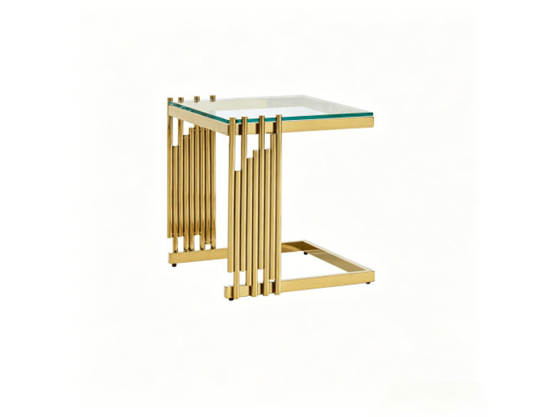 Ensemble de 2 tables d'appoint carrées modernes en verre trempé clair, pieds dorés en inox - salon, chambre, balcon - Conforama E