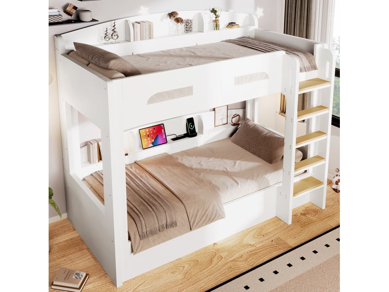  Lit superposé modenvie 90 x 200 cm avec prise usb et rangements latéraux en haut et en bas mdf et pin blanc  - Conforama D