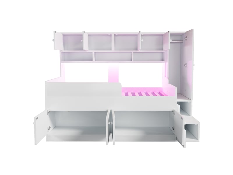 Lit mezzanine led 90x200 cm, lit enfant avec rangements, armoire et sommier à lattes, bois blanc, sans matelas  - Conforama D