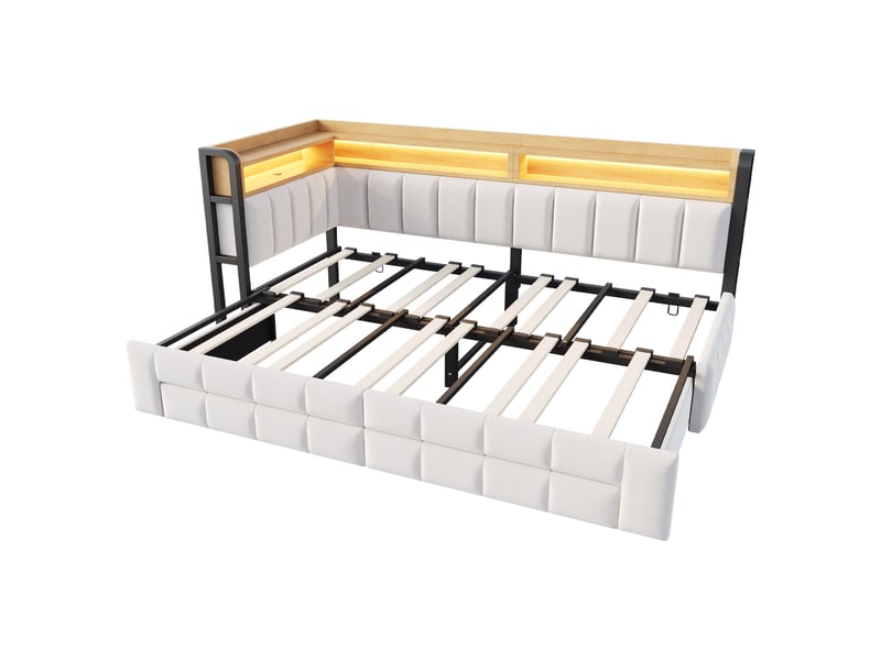  Lit banquette enfant extensible 90180 x 200 cm avec 2 tiroirs, led, usb-c et rangements, velours, beige Fay Lum - Conforama A