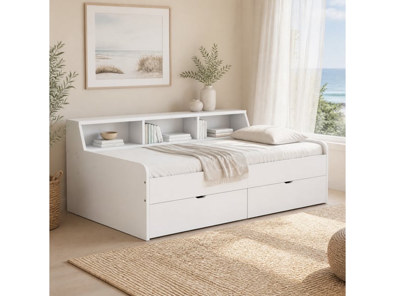  Lit banquette 90 x 200 cm avec sommier, 2 tiroirs et rangements, blanc  - Conforama B