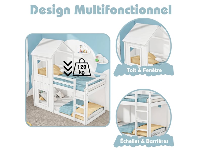  Lit superposé 90x200 lit cabane enfant avec échelle et baldaquin bois massif blanc  - Conforama E