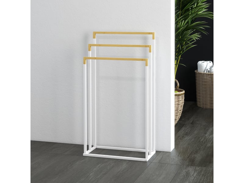  Porte-serviettes en bambou et acier sur pieds avec 3 barres support pour serviette blanc et naturel 45 x 22,5 x 86 cm  - Conforama W