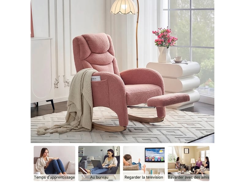 Fauteuil à bascule rose en tissu teddy avec accoudoirs et repose-pieds pliable - Conforama C