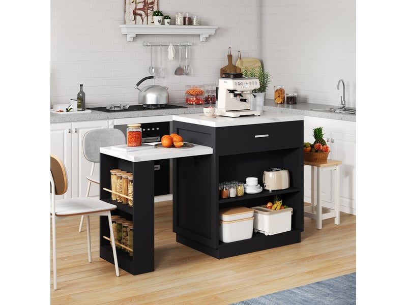  Îlot de cuisine noir avec table extensible 2 à 6 personnes et prises usb  - Conforama D