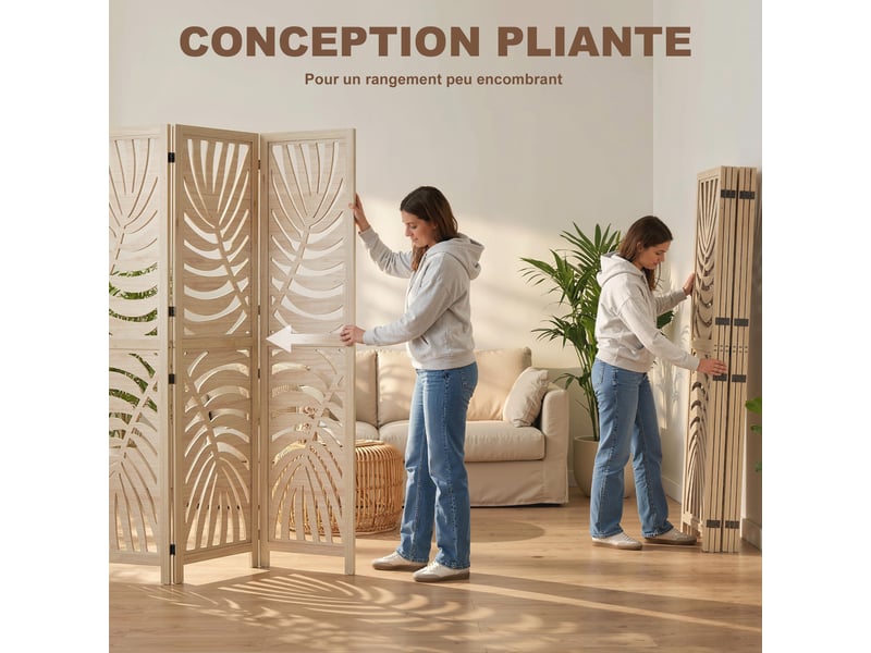  Paravent interieur en bois 6 panneaux 240 x 170 cm, pliable et portable, motif de feuille, bois naturel, design amovible  - Conforama E