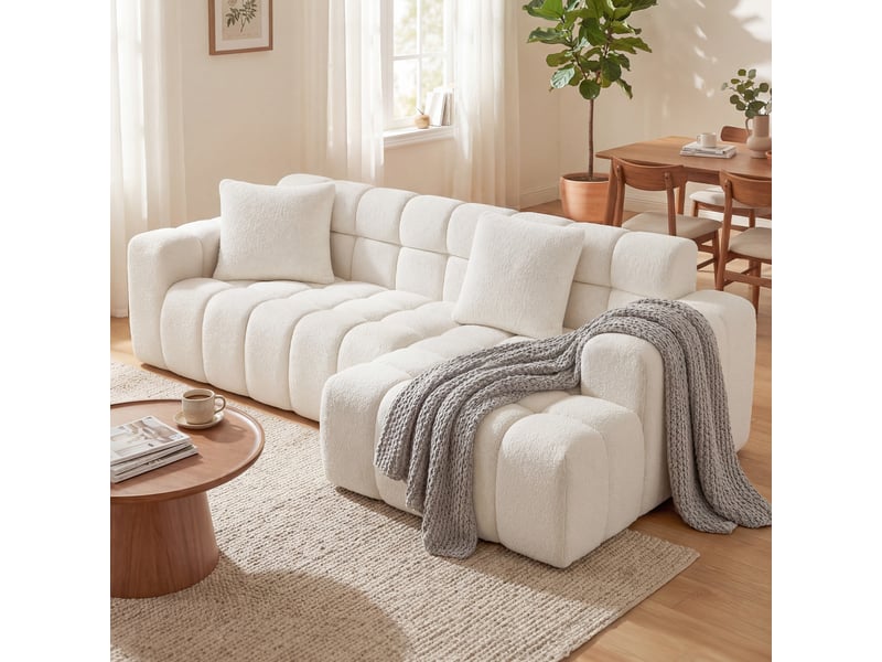 Canapé d'angle ulevr modulable en velours texturé blanc, 249,94 cm, configuration libre avec méridienne - Conforama E