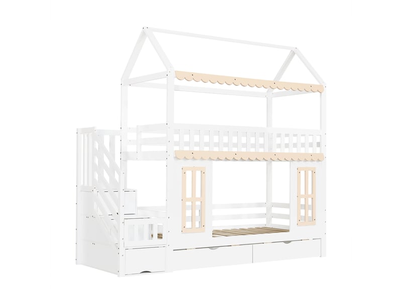 Lit superposé enfants 90x200 cm avec sommier à lattes, rangement tiroirs et escalier - Conforama R