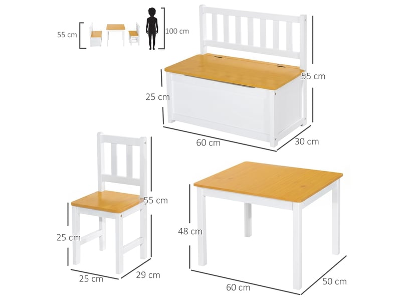 Ensemble table et chaises enfant 4 pièces blanc et naturel avec banc de rangement - Conforama E