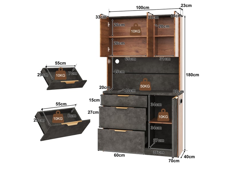  Buffet de cuisine 100x40x180 cm avec 3 tiroirs et 4 portes, éclairage led et prises en mdf couleur naturel et gris  - Conforama C