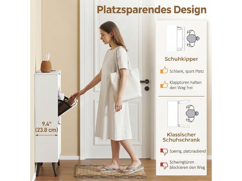  Meuble à chaussures étroit blanc, 2 abattants effet cuir litchi, étagères réglables  - Conforama W