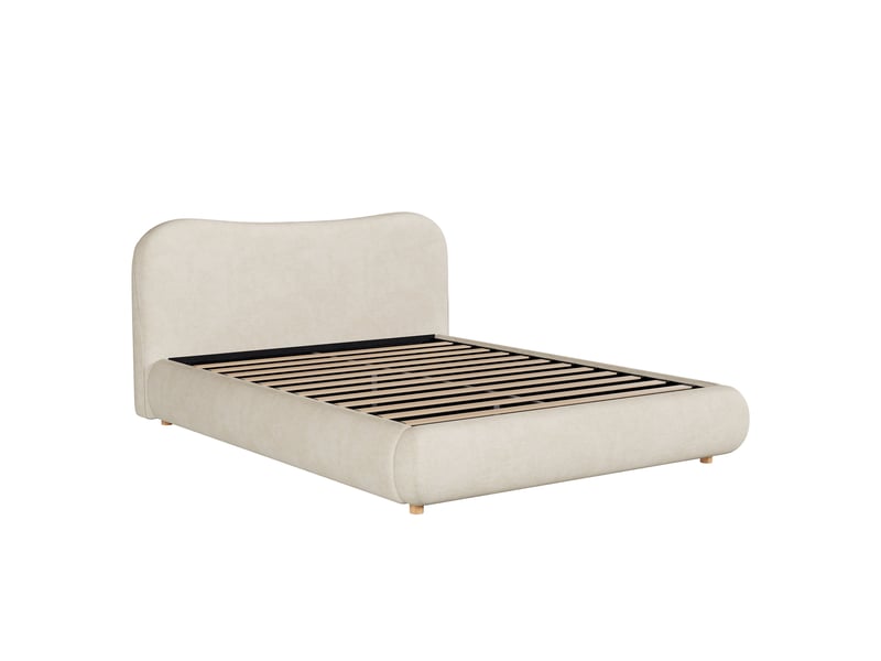 Lit double 160 x 200 cm, lit avec mécanisme de relevage hydraulique, tête de lit rembourrée en chenille, pieds en bois massif, beige - Conforama A