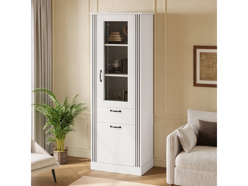  Vitrine avec porte miroir, éclairage led pilotable par application, tiroir et rangement, étagères, corps en panneaux de particules, poignées aluminium  - Conforama D