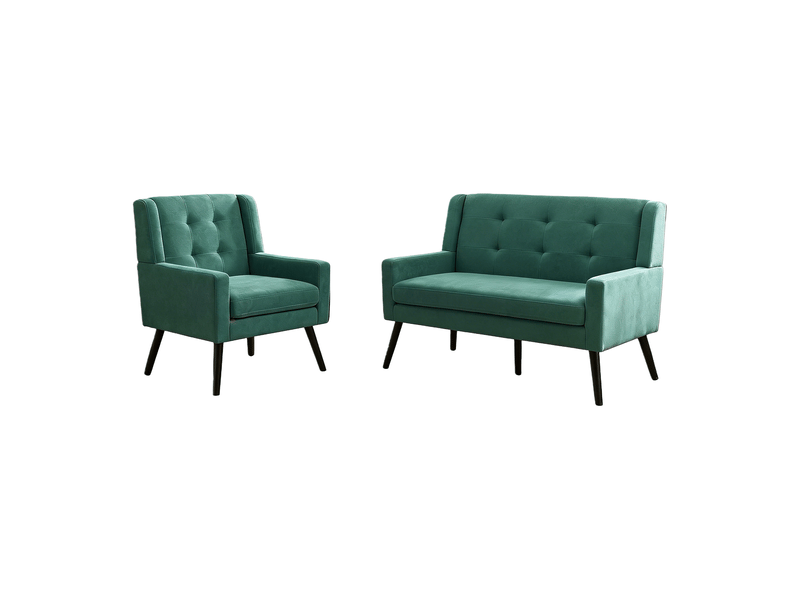  Lot de 2 fauteuils,1 et 2 places avec pieds en bois,tissu,vert rétro  - Conforama A