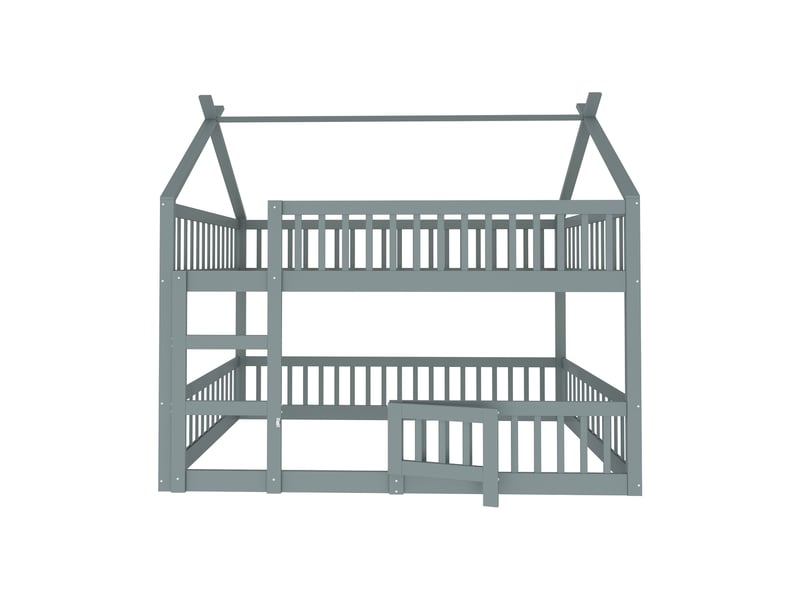 Lit superposé enfant 200×140 cm avec escalier, barrières et porte ouvrante, en bois gris - Conforama E