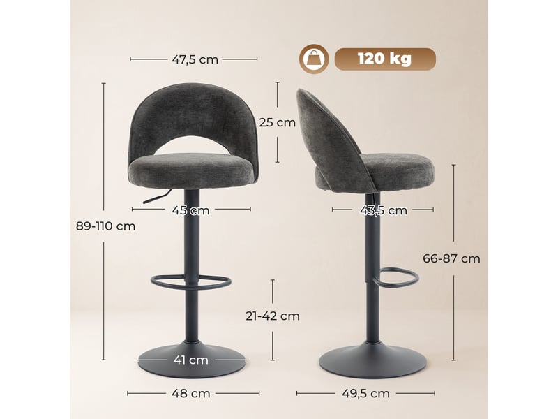  Ensemble de 2 tabourets de bar, réglables en hauteur et pivotants, pour comptoir, gris foncé  - Conforama E