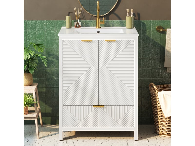  Meuble sous vasque 61 cm blanc avec lavabo en céramique, 2 portes et tiroir, rangement pratique pour salle de bains  - Conforama E
