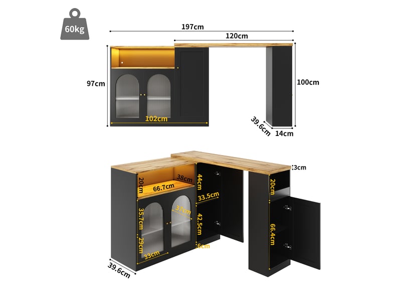  Meuble bar rotatif 360° avec rangement et led, 197 x 39,6 x 100 cm, noir  - Conforama C