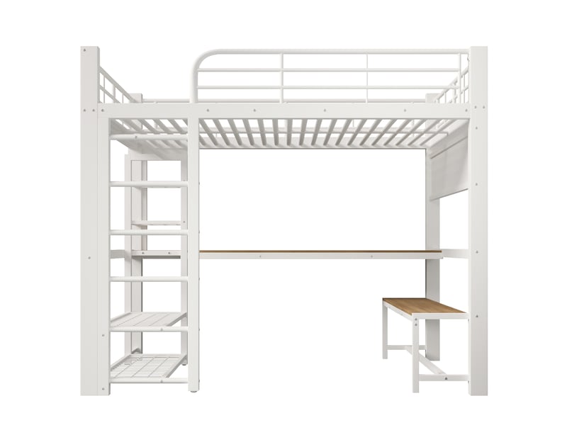 Lit mezzanine 140x200 cm métal blanc avec led, escalier rangement et grille suspendue - Conforama A
