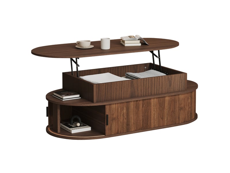  Table basse ovale relevable avec rangement, table salon en mdf coloris noyer, 100x50x40 cm  - Conforama A
