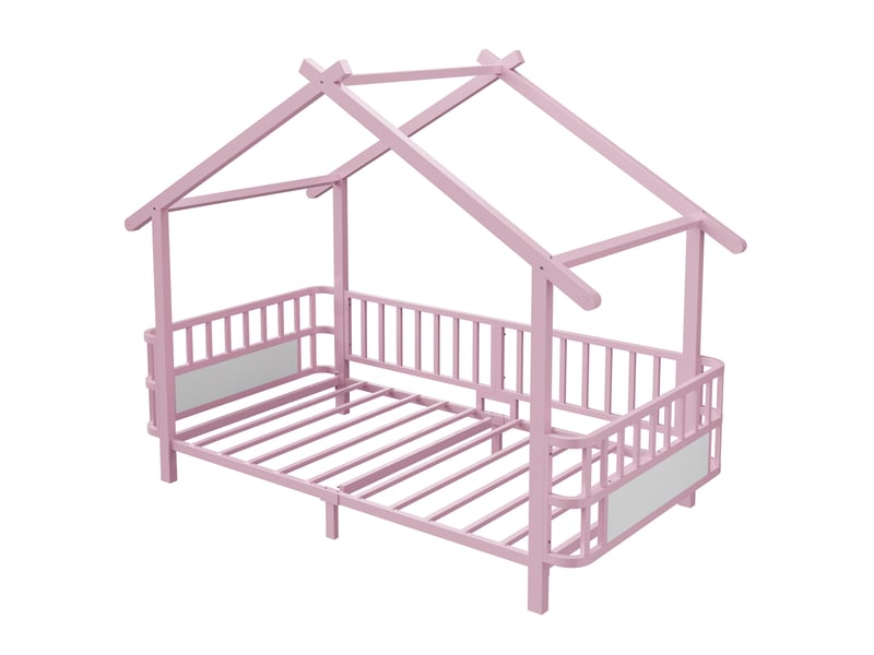  Lit enfant maison 90x200 cm, lit cabane, barrières sécurité, chambre, style contemporain, métal, rose, sans matelas  - Conforama E
