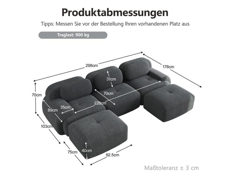  Canapé d’angle en velours côtelé gris, 3 places, 298 cm, panoramique, modulable W3325S00026 - Conforama E