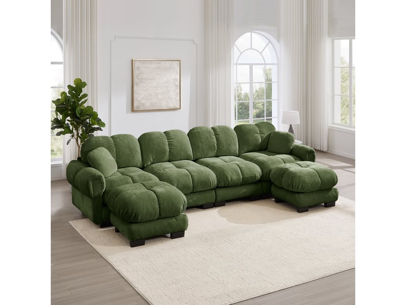  Canapé modulable en u 4 places avec 2 poufs mobiles, 330 x 149 x 90 cm, chenille vert  - Conforama D