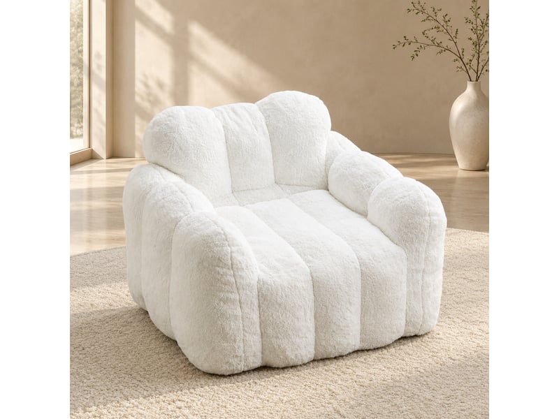  Fauteuil pouf en forme de lotus, assise légère en velours doux rembourré de mousse pour intérieur, blanc  - Conforama C