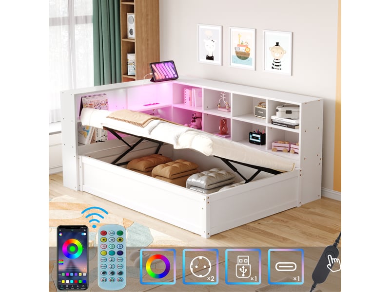  Lit banquette en bois massif 90*200 cm blanc, prise multiple, rangements, led et coffre hydraulique  - Conforama C