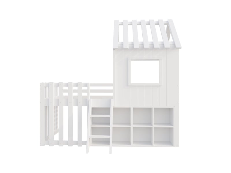 Lit avec rangement enfant 90x200 cm, étagère, toit, fenêtre, escalier, sommier, bois blanc, sans matelas - Conforama D