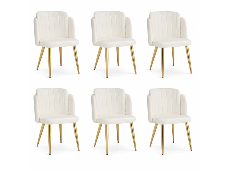 Lot de 6 chaises de salle à manger 58,5x62x78 cm rembourrées, dossier incurvé, patins réglables, polyester, blanc et doré - Conforama A