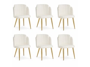 Lot de 6 chaises de salle à manger 58,5x62x78 cm rembourrées, dossier incurvé, patins réglables, polyester, blanc et doré